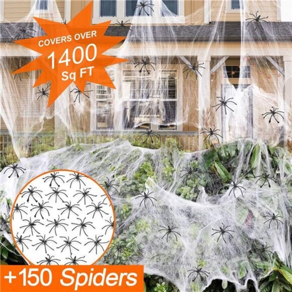 1400 sqft Halloween Spider Webs Decorations with 150 Extra Fake Spiders - Picture 3 of 7